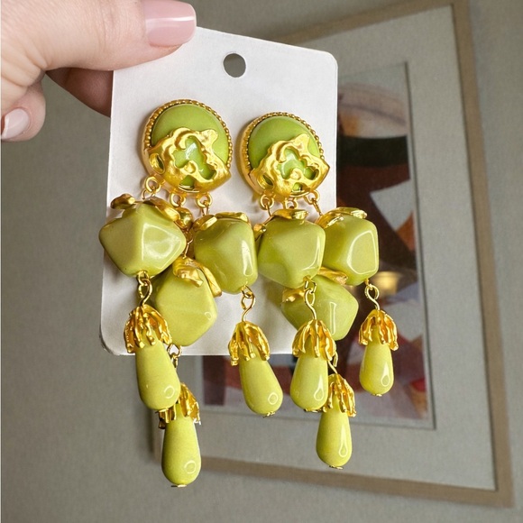 Lime Green & Gold Statement Drop Earrings – Modern Geometric Chandelier Style - Picture 7 of 7